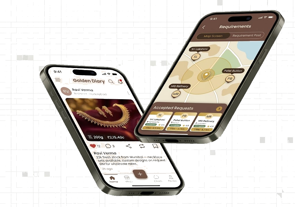 Golden Diary app preview — home feed and requirements map
