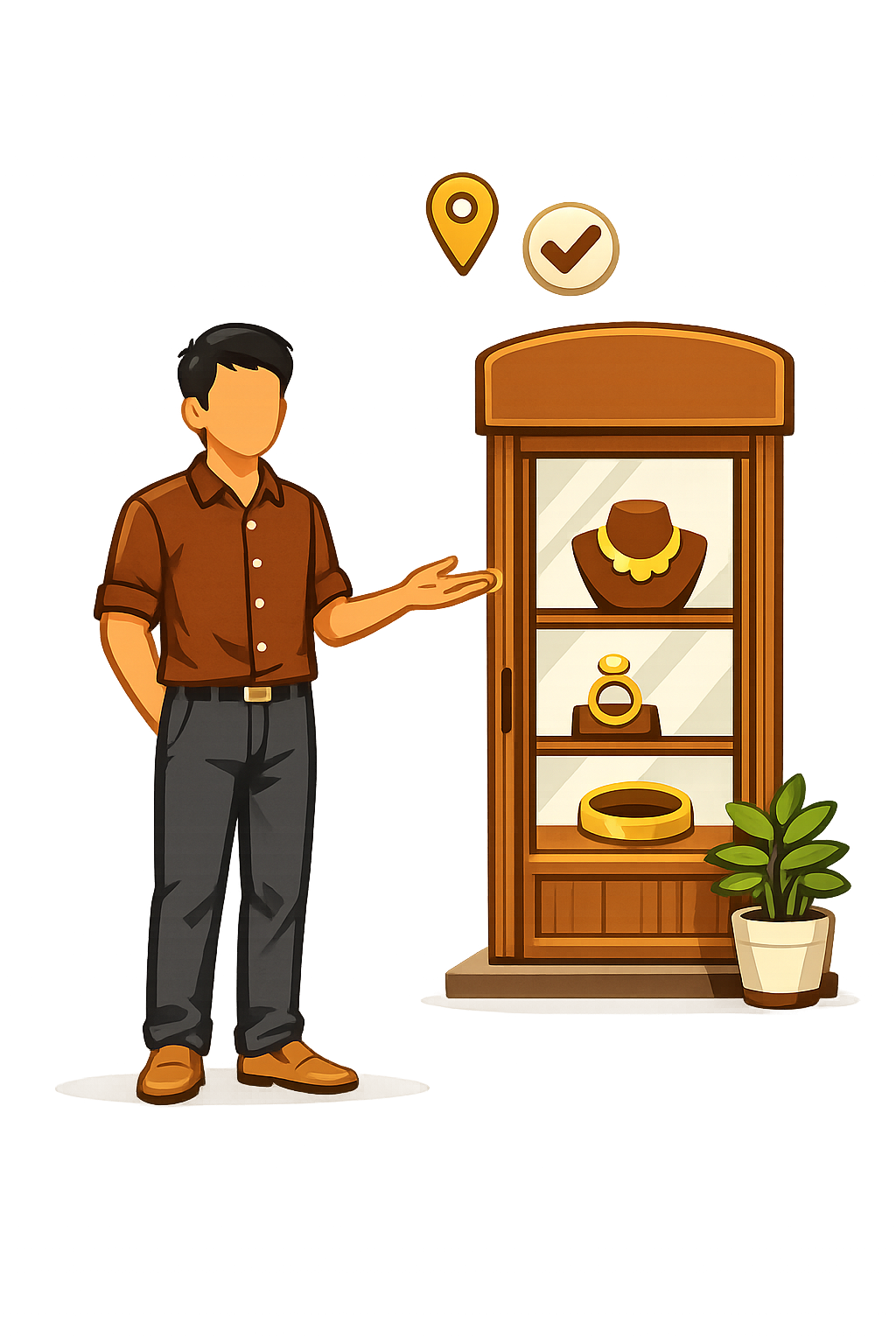 Illustration of a jeweller standing in front of his showroom